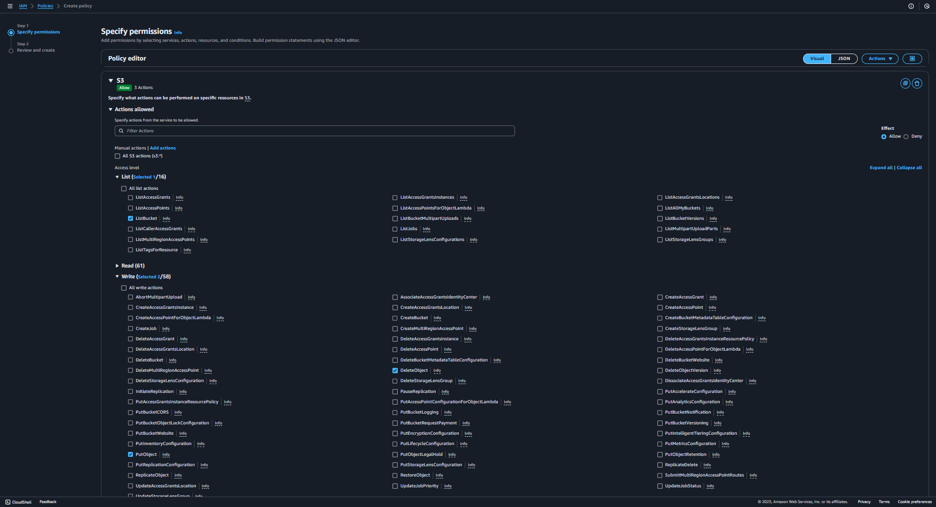 AWS IAM policy selection in Visual mode