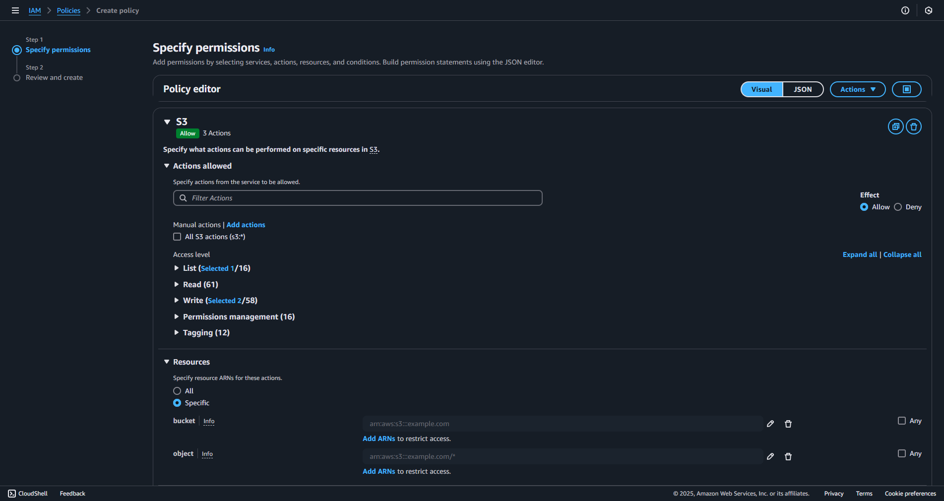 AWS IAM's Specify Permissions setup in Visual mode