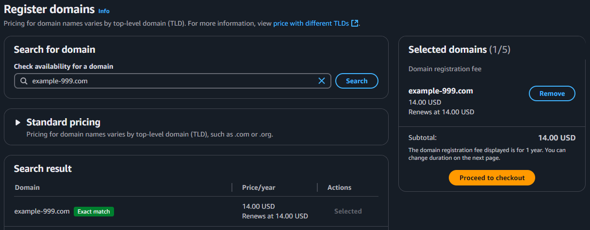 AWS route 53 showing that example-999.com is available