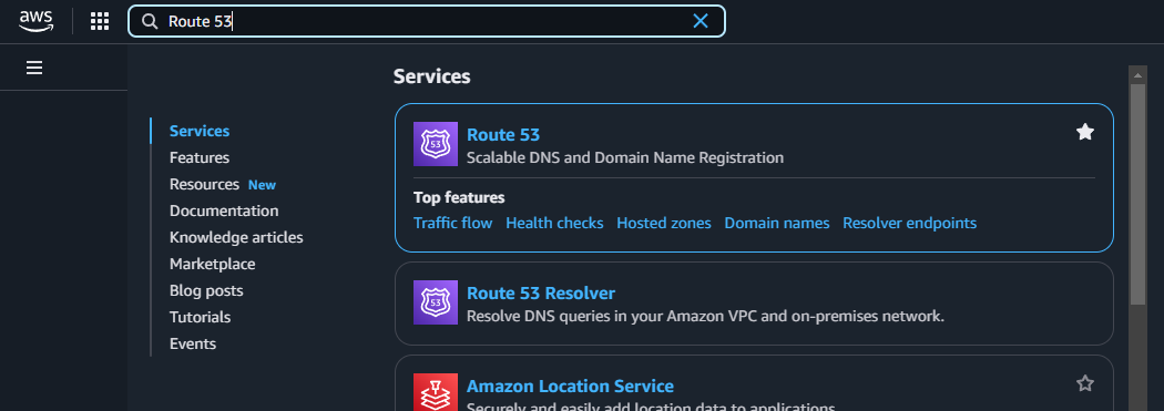 AWS search for Route 53