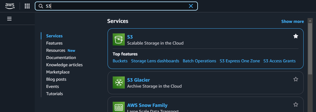 AWS search for S3